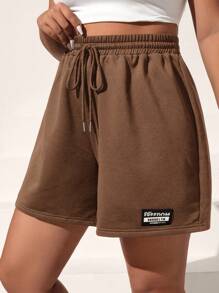 SHEIN EZwear Plus Letter Patched Drawstring Waist Shorts - Coffee Brown - View 3