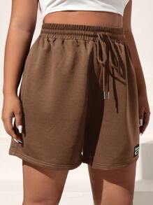 SHEIN EZwear Plus Letter Patched Drawstring Waist Shorts - Coffee Brown - View 6