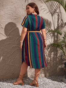 SHEIN Clasi Plus Striped Print Notched Neckline Curved Hem Long Summer Dress With Belt