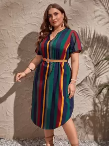 SHEIN Clasi Plus Striped Print Notched Neckline Curved Hem Long Summer Dress With Belt