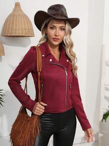 RELISH NOLESS 女士春夏装乡村音乐会休闲度假西部装波西米亚风麂皮夹克 - 酒紅色 - 查看 7