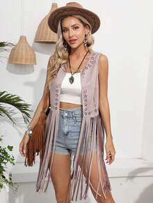 RELISH NOLESS Áo khoác ngoài tua rua nhẹ thời trang mùa xuân hè phong cách cowgirl lễ hội đồng quê hòa nhạc ngày lễ thường ngày gợi cảm boho kỳ nghỉ - Bụi hồng - Xem 7