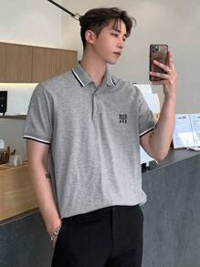 DAZY Nam Áo polo Bông Đồ họa Chữ cái Viền tương phản - Xám - Xem 1