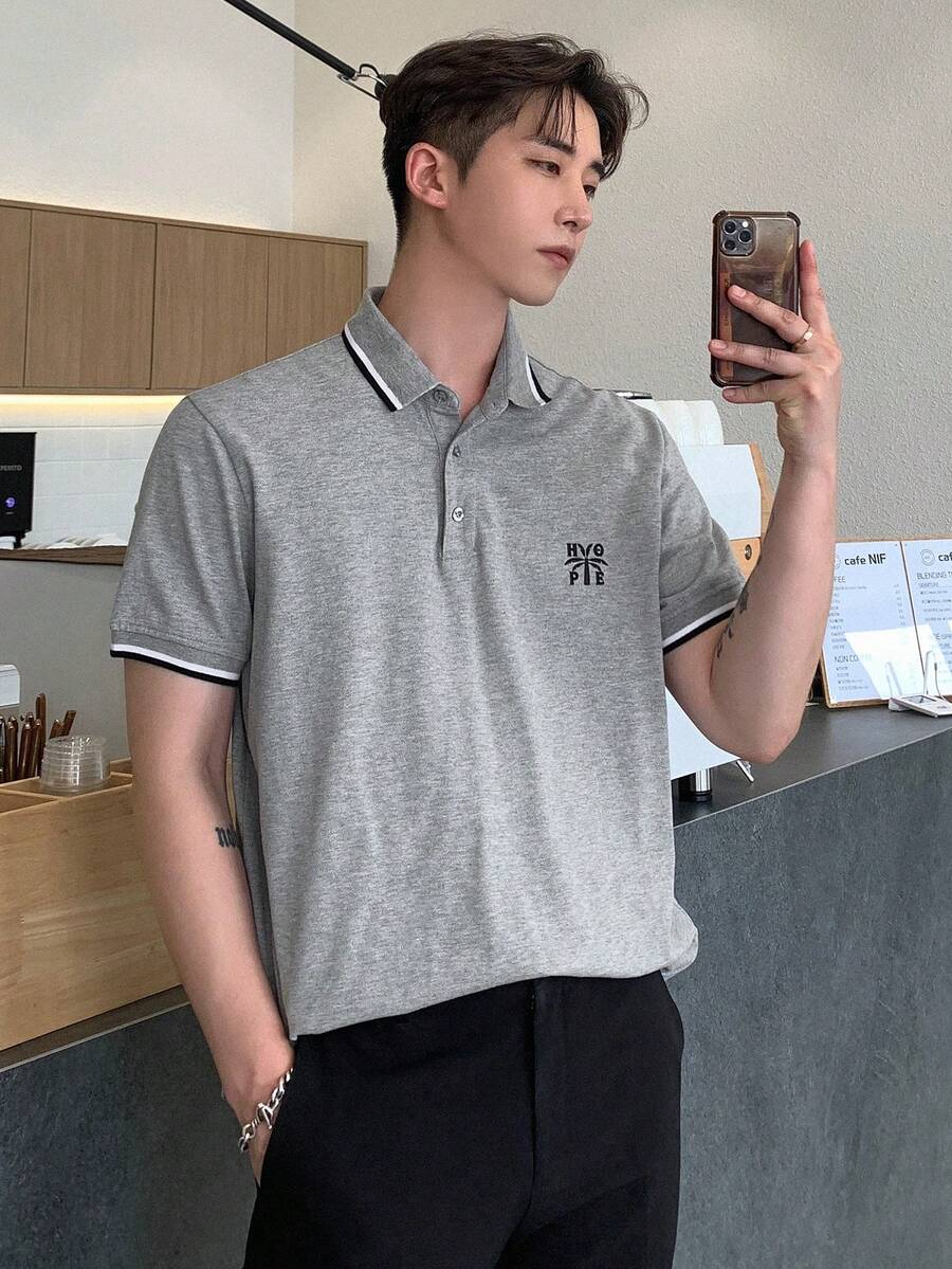 DAZY Nam Áo polo Bông Đồ họa Chữ cái Viền tương phản - Xám - Xem 1