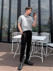 DAZY Nam Áo polo Bông Đồ họa Chữ cái Viền tương phản - Xám - Xem 6