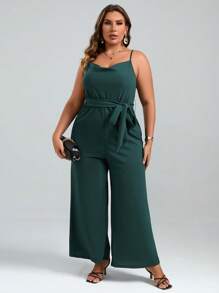 SHEIN LUNE 大碼垂領腰帶闊腿吊帶連體褲 - 墨綠色 - 查看 1