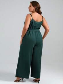 SHEIN LUNE 大碼垂領腰帶闊腿吊帶連體褲 - 墨綠色 - 查看 2