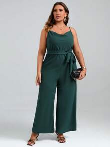 SHEIN LUNE 大碼垂領腰帶闊腿吊帶連體褲 - 墨綠色 - 查看 3