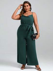 SHEIN LUNE 大碼垂領腰帶闊腿吊帶連體褲 - 墨綠色 - 查看 4