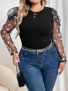 SHEIN Privé Plus Contrast Floral Mesh Gigot Sleeve Top - Black - View 1