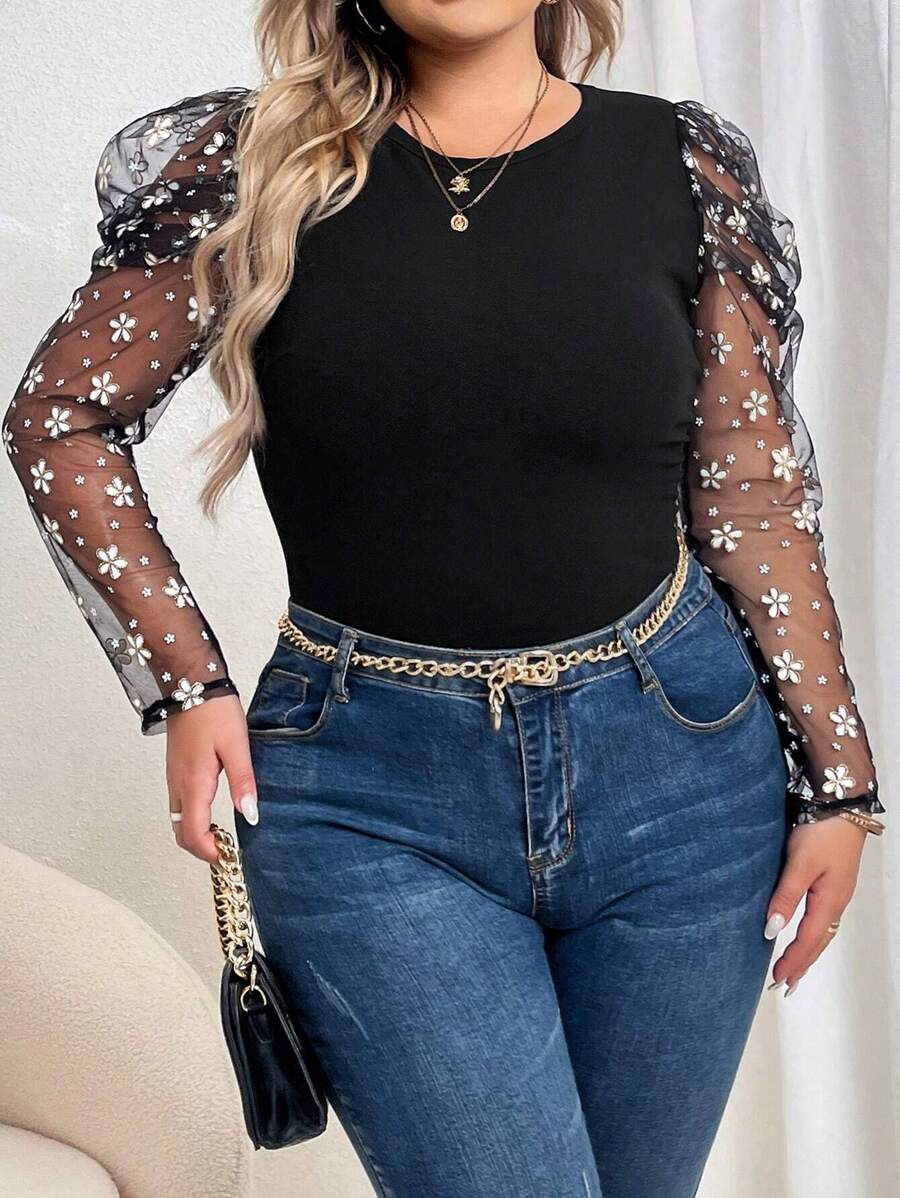 SHEIN Privé Plus Contrast Floral Mesh Gigot Sleeve Top - Black - View 1