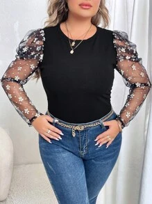 SHEIN Privé Plus Contrast Floral Mesh Gigot Sleeve Top - Black - View 3