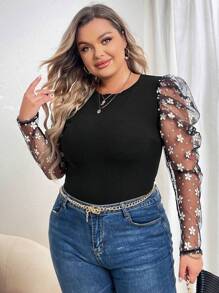 SHEIN Privé Plus Contrast Floral Mesh Gigot Sleeve Top - Black - View 5