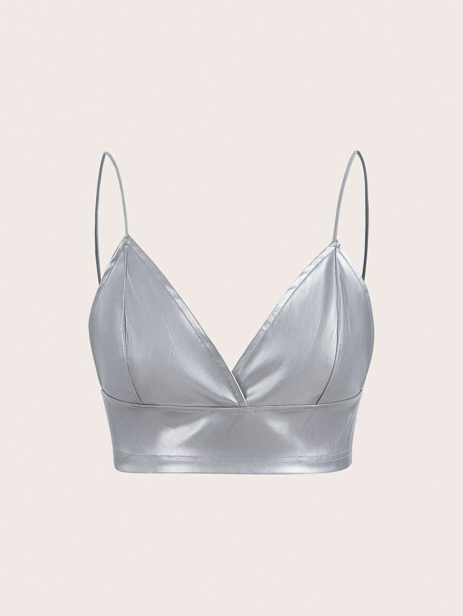 SHEIN ICON 素色PU皮革吊帶上衣 - 銀色 - 查看 1