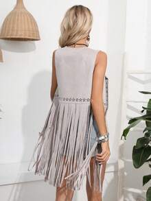 RELISH NOLESS Áo khoác ngoài tua rua nhẹ thời trang mùa xuân hè phong cách cowgirl lễ hội đồng quê hòa nhạc ngày lễ thường ngày gợi cảm boho kỳ nghỉ - Màu Xám nhạt - Xem 2