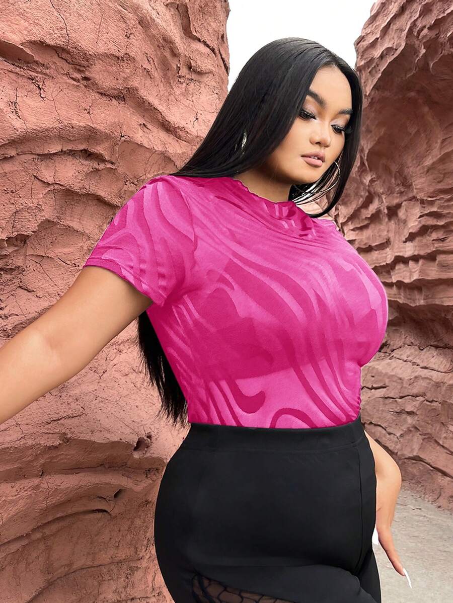 SHEIN SXY 大碼大理石圖案網紗上衣不附文胸 - 玫紅色 - 查看 1