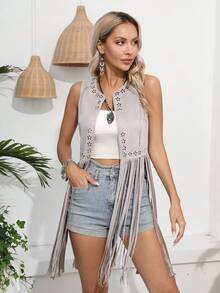 RELISH NOLESS Áo khoác ngoài tua rua nhẹ thời trang mùa xuân hè phong cách cowgirl lễ hội đồng quê hòa nhạc ngày lễ thường ngày gợi cảm boho kỳ nghỉ - Màu Xám nhạt - Xem 6