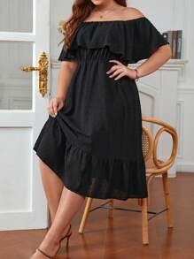 SHEIN Frenchy Hơn Chấm Swiss Off Shoulder Xù Hoa Sen Đầm - màu đen - Xem 4