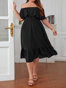 SHEIN Frenchy Hơn Chấm Swiss Off Shoulder Xù Hoa Sen Đầm - màu đen - Xem 5