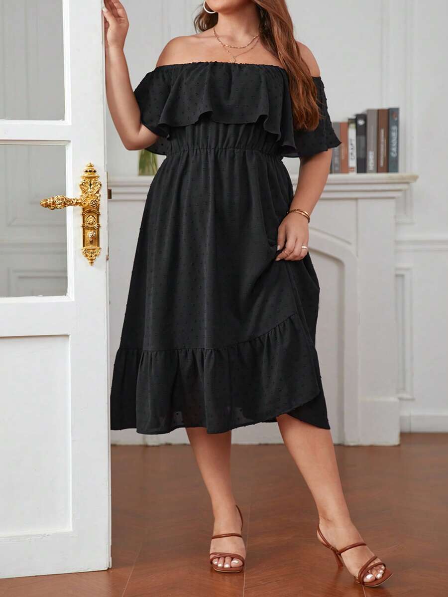 SHEIN Frenchy Hơn Chấm Swiss Off Shoulder Xù Hoa Sen Đầm - màu đen - Xem 1