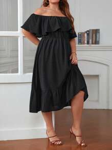 SHEIN Frenchy Hơn Chấm Swiss Off Shoulder Xù Hoa Sen Đầm - màu đen - Xem 3