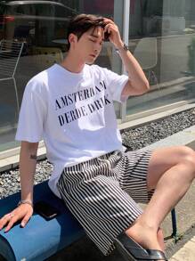 DAZY 男士條紋圖案腰部抽繩短褲 - 黑與白 - 查看 9