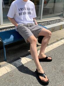 DAZY 男士條紋圖案腰部抽繩短褲 - 黑與白 - 查看 3