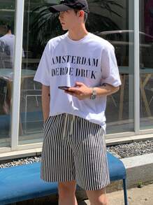 DAZY 男士條紋圖案腰部抽繩短褲 - 黑與白 - 查看 5