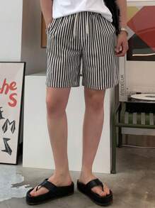 DAZY 男士條紋圖案腰部抽繩短褲 - 黑與白 - 查看 6