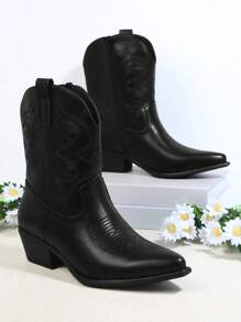 SHUZIA Women Shoes Embroidered Cowboy Ankle High Pointy Toe Block Heel Western Boot PU Black Western Boot Summer Shoes Spring Shoes Spring Break Easter Mother's Day Present For Christmas - Black - View 2