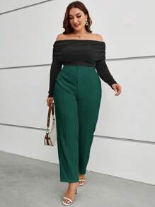 SHEIN LUNE Plus Solid High Waist Suit Trousers - Dark Green - View 4