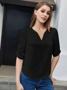 BizChic Áo sơ mi nữ tay ngắn cổ chữ V màu đen, kiểu dáng tối giản thanh lịch, phù hợp cho công sở, đi làm, đi làm hàng ngày. - màu đen - Xem 4