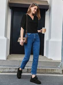 BizChic Áo sơ mi nữ tay ngắn cổ chữ V màu đen, kiểu dáng tối giản thanh lịch, phù hợp cho công sở, đi làm, đi làm hàng ngày. - màu đen - Xem 6