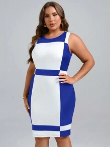 SHEIN Clasi 大碼撞色緊身背心連衣裙 - 寶藍色 - 查看 3