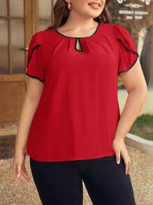 SHEIN Clasi Plus Keyhole Neck Petal Sleeve Contrast Binding Blouse - Red - View 1