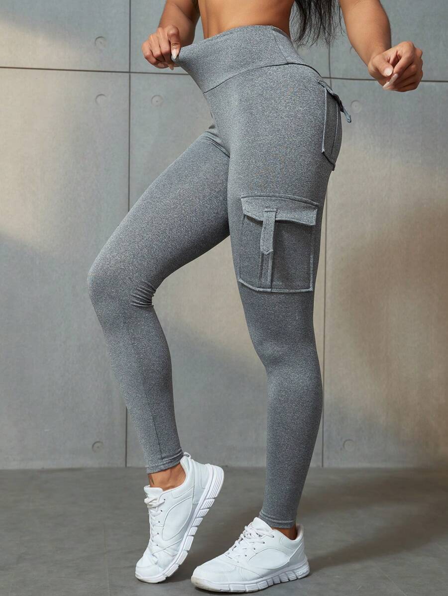Flap Pocket Wideband Waist Running Yoga Stretch Cargo Leggings - Grey - View 1