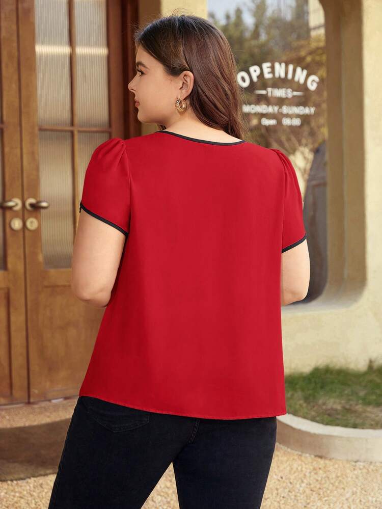 Plus Keyhole Neck Petal Sleeve Contrast Binding Blouse