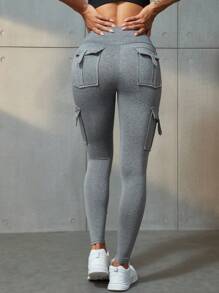 Flap Pocket Wideband Waist Running Yoga Stretch Cargo Leggings - Grey - View 2