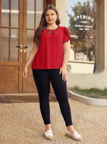 SHEIN Clasi Plus Keyhole Neck Petal Sleeve Contrast Binding Blouse - Red - View 4