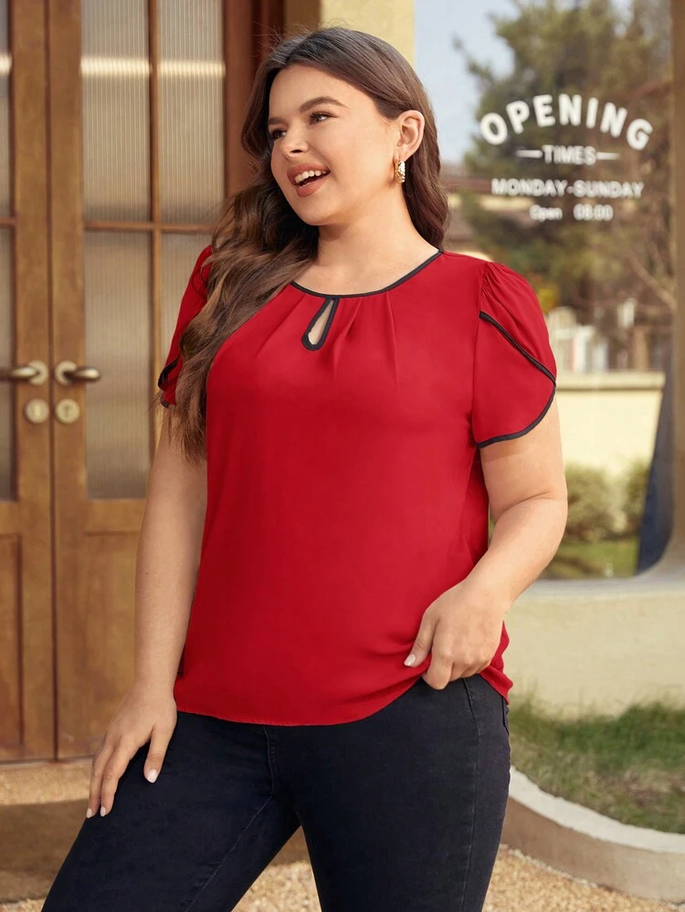 Plus Keyhole Neck Petal Sleeve Contrast Binding Blouse