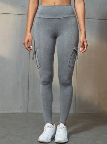 Flap Pocket Wideband Waist Running Yoga Stretch Cargo Leggings - Grey - View 6