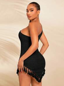 SHEIN SXY 單肩流蘇下擺緊身洋裝 - 黑色 - 查看 3