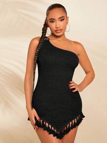SHEIN SXY 單肩流蘇下擺緊身洋裝 - 黑色 - 查看 2