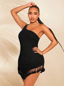 SHEIN SXY 單肩流蘇下擺緊身洋裝 - 黑色 - 查看 1
