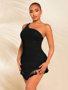 SHEIN SXY 單肩流蘇下擺緊身洋裝 - 黑色 - 查看 6