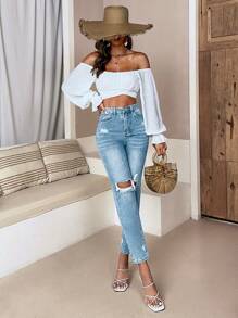 SHEIN EZwear Ripped Detail Mom Jeans - Light Wash - View 1