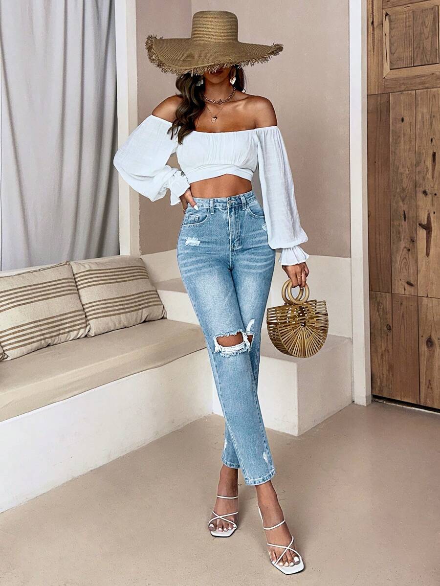 SHEIN EZwear Ripped Detail Mom Jeans - Light Wash - View 1