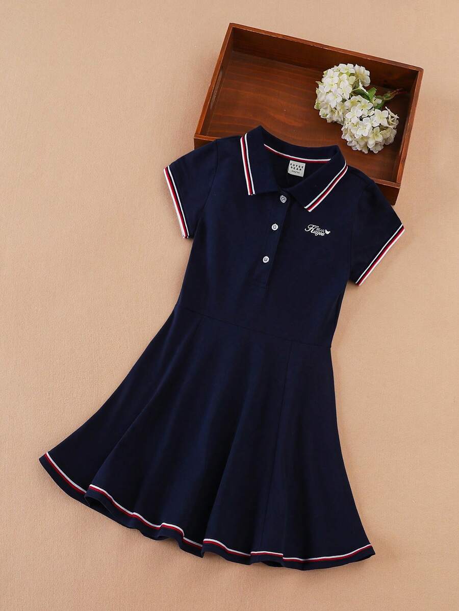 Tween Girl Letter Embroidery Striped Trim Polo Neck Dress - Navy Blue - View 1