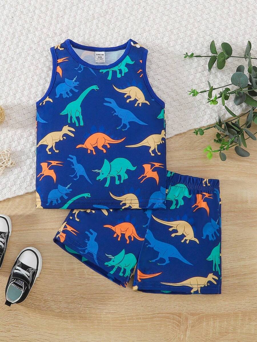 SHEIN 嬰兒男童恐龍印花背心和短褲套裝 - 藍色 - 查看 1