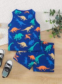 SHEIN 嬰兒男童恐龍印花背心和短褲套裝 - 藍色 - 查看 2